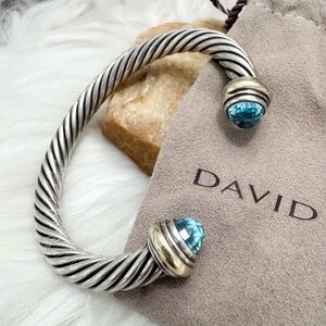 David Yurman 7mm Blue Topaz Cable Classic Cuff Bracelet .925/14K Gold